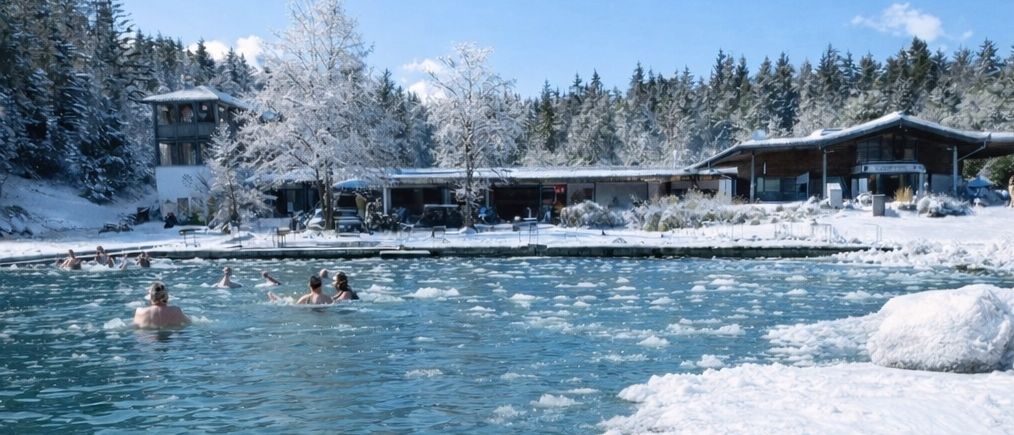 Eine Gruppe von Menschen schwimmt in einem Außenpool, umgeben von Schnee und Bäumen, mit einem Gebäude im Hintergrund.