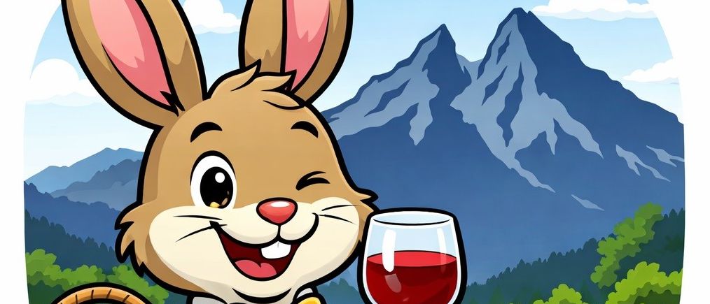 Ein Kaninchen in einem roten Westchen und einer gelben Schleife hält ein Glas mit rotem Wein in der Hand, steht in einem Feld mit Bergen und einem Korb voller Ostereier.