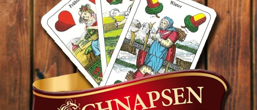 Drei Karten mit Illustrationen, die Frühling, Sommer und Winter darstellen. Unten steht auf einem roten Band Schnapsen.