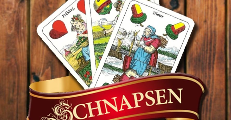 Drei Karten mit Illustrationen, die Frühling, Sommer und Winter darstellen. Unten steht auf einem roten Band Schnapsen.