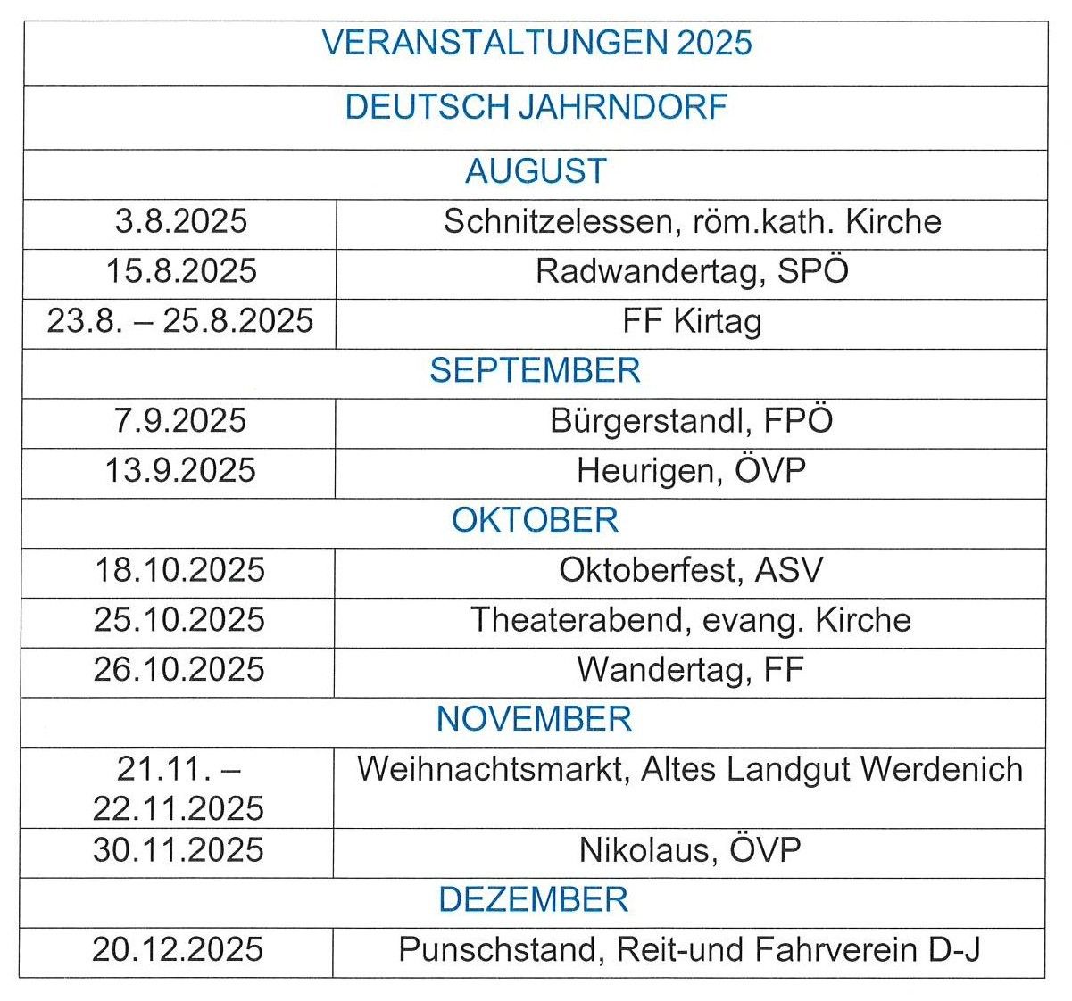 Das Bild ist ein Zeitplan für das Jahr 2025 in Deutsch Jahrndorf. Veranstaltungen umfassen Kirchenlesungen, Wanderungen, Dorffeste und saisonale Märkte. Die Termine reichen von August bis Dezember.