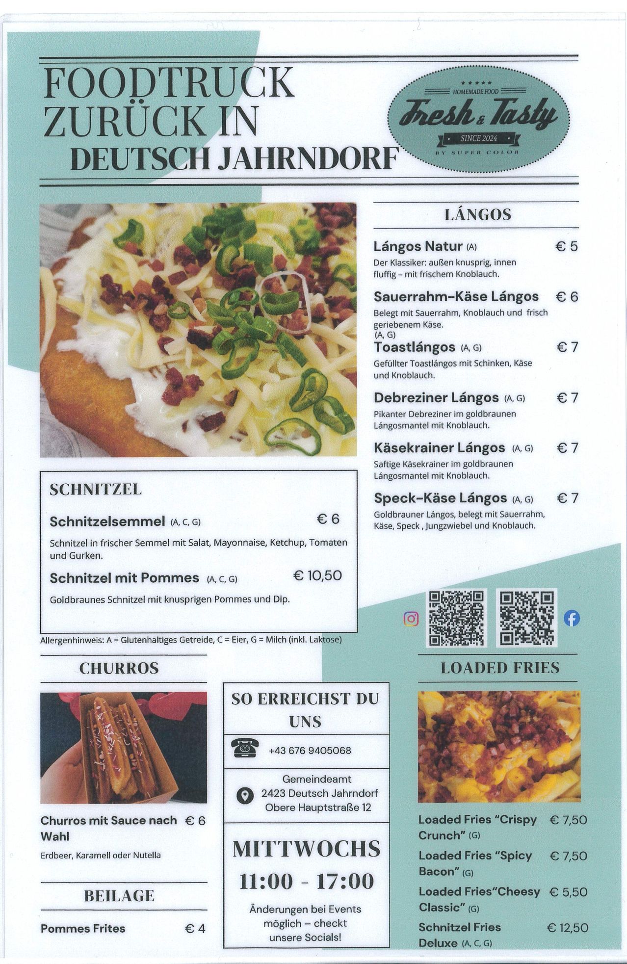 Menü mit verschiedenen Längos, einem klassischen knusprigen Gebäck, und Schnitzelsemmel, einem Sandwich mit frischem Brot, Salat, Mayonnaise, Ketchup, Tomaten und Gurken. Allergenhinweise für Gluten, Eier und Milch. Kontaktnummer und Adresse angegeben. QR-Codes für soziale Medien.