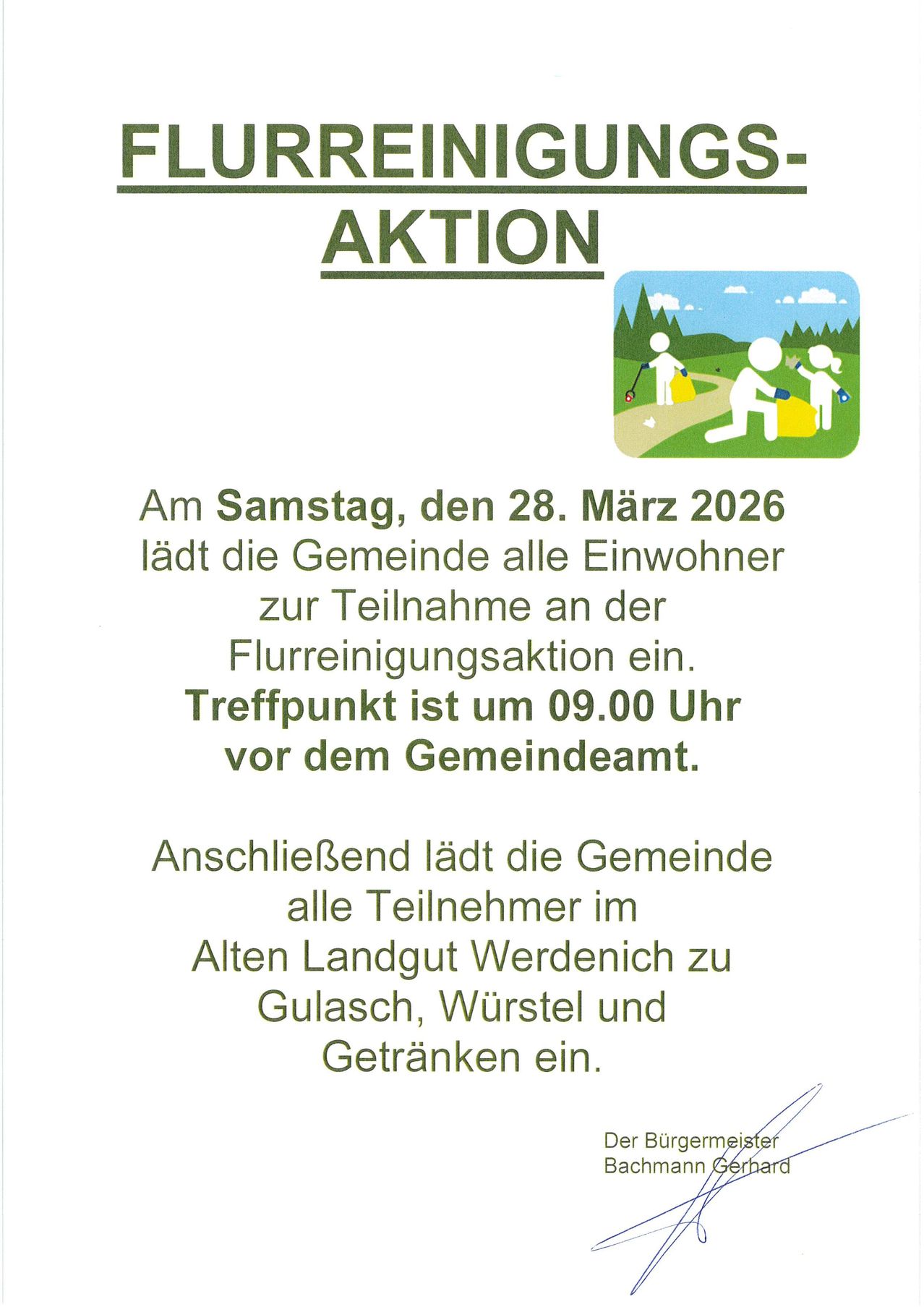 Plakat für eine Gemeinde-Aufräumaktion am 28. März 2026. Der Treffpunkt ist um 09.00 Uhr vor dem Gemeindeamt. Anschließend lädt die Gemeinde alle Teilnehmer im Alten Landgut Werdenich zu Gulasch, Würsteln und Getränken ein.