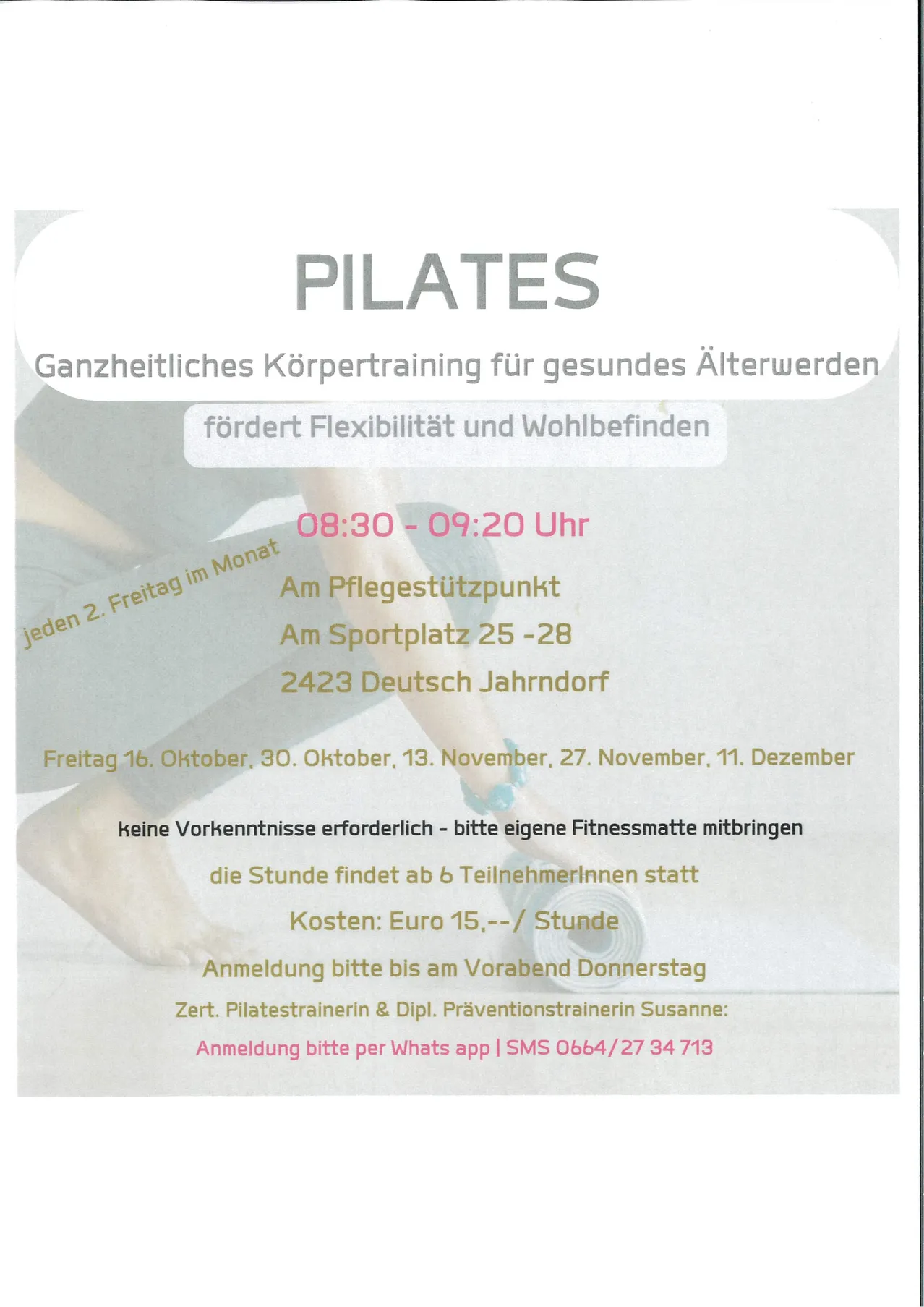 Ein Plakat für Pilates-Kurse für Senioren. Das Plakat enthält einen Zeitplan, Ort und Kontaktinformationen.