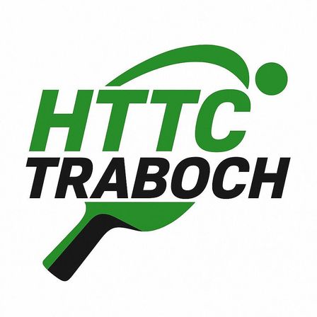 Das Logo von HTC Traboch zeigt einen grünen Tischtennisschläger mit einem Ball in Bewegung darüber. Der Text 'HTC' ist in fetten grünen Buchstaben und 'TRABOCH' in Schwarz darunter.