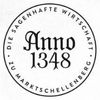 Ein schwarzes und weißes kreisförmiges Logo mit dem Text 'Anno 1348'. Das Design ist zentriert in einem Ring, der 'DIE SAGENHAFTE WIRTSCHAFT' und 'MARKTSCHELLENBERG' trägt. Die Schriftart ist fett und Serifenschrift, was ihm ein historisches und autoritäres Aussehen verleiht.