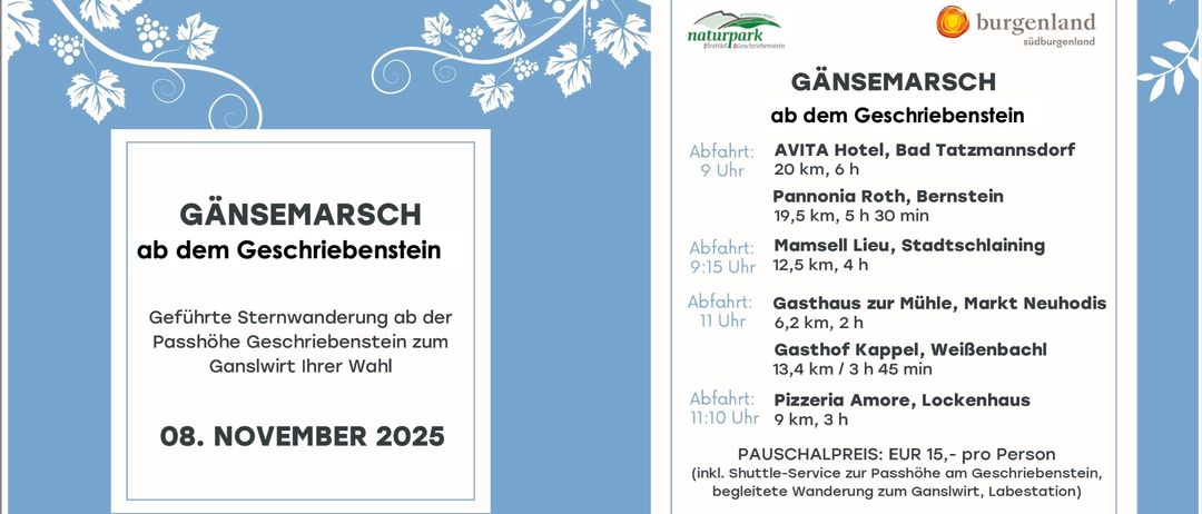 Plakat für die Gansemarsch-Veranstaltung im November 2025. Beinhaltet Shuttle-Service und Sternwanderung vom Gschrieben. Abfahrtspunkte und -zeiten vom AVITA Hotel, Pannonia Roth, Mamsell Lieu, Gasthaus zur Mühle, Gasthof Kappel und Pizzeria Amore.