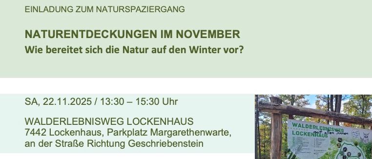 Einladung zum Naturspaziergang. Novembers Naturentdeckungen: Wie bereitet sich die Natur auf den Winter vor? Datum: 22. November 2025, Zeit: 13:30 - 15:30 Uhr. Ort: Walderlebnisweg Lockenhaus, 7442 Lockenhaus. Kontakt: geschriebenstein@lockenhaus.at.