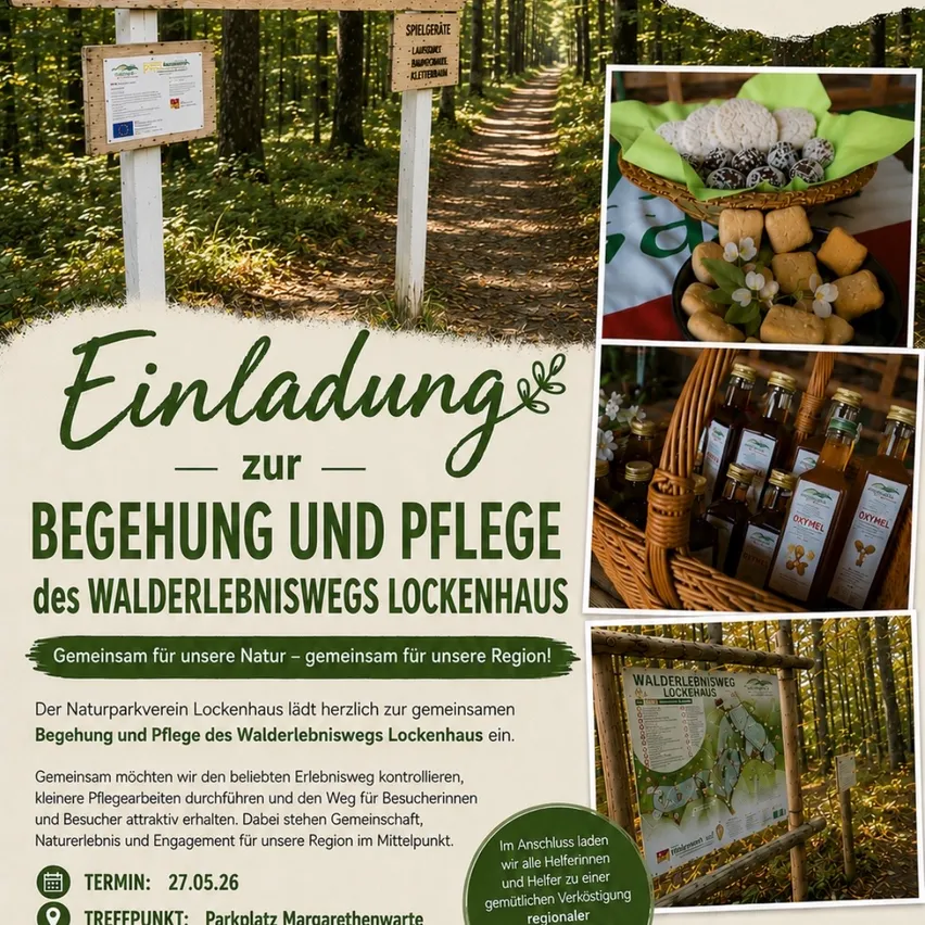 Eine Einladung zur Begehung und Pflege des Walderlebnisweges Lockenhaus. Der Naturparkverein Lockenhaus lädt herzlich zur gemeinsamen Begehung und Pflege des Walderlebnisweges Lockenhaus ein. Gemeinsam möchten wir den beliebten Waldweg kontrollieren, kleinere Pflegearbeiten durchführen und den Weg für Besucher attraktiv erhalten. Dabei stehen Gemeinschaft, Naturerlebnis und Engagement für unsere Region im Mittelpunkt.