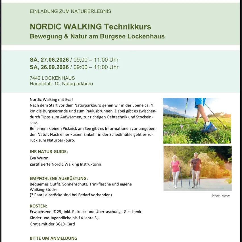 Einladung zum Naturerlebnis. Nordic Walking Technik. Bewegung & Natur am Burgsee Lockenhaus. 27.06.2026 und 26.09.2026, 09:00-11:00 Uhr. 7442 Lockenhaus. Hauptplatz 10, Naturpark. Nordic Walking beginnt im Naturpark. Eva Wurm, zertifizierter Instruktor.
