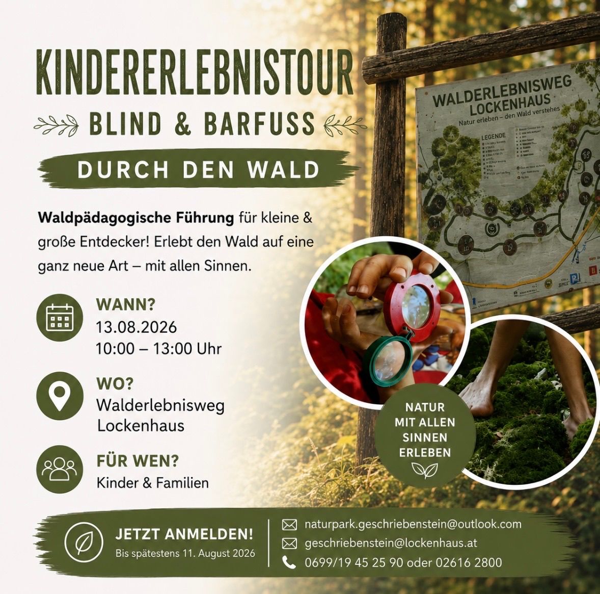 Plakat für eine Kinderwalderlebnistour, mit einer Karte, einer Lupe und einem Waldpfad. Die Veranstaltung ist für Kinder und Familien, findet am 13. August 2026 von 10:00 bis 13:00 im Walderlebnisweg Lockenhaus statt. Kontaktdetails und Anmeldeinformationen sind angegeben.