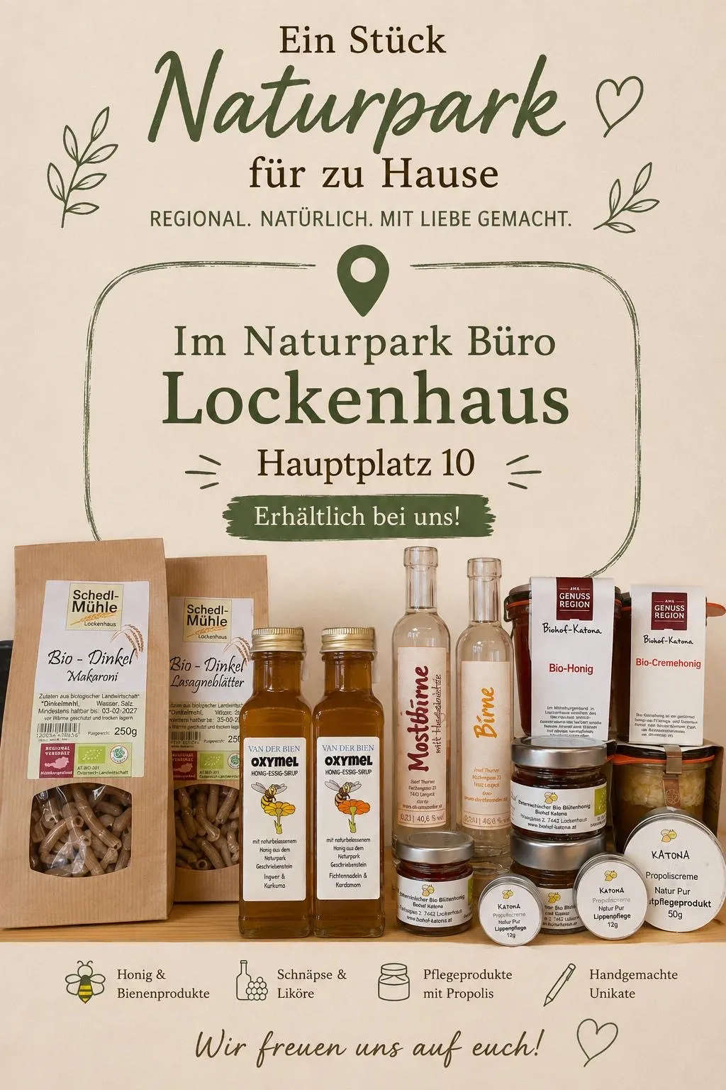 Eine Auswahl an Bio-Produkten von Naturpark Buro Lockenhaus, einschließlich Nudeln, Honig und Marmeladen, auf weißem Hintergrund präsentiert.