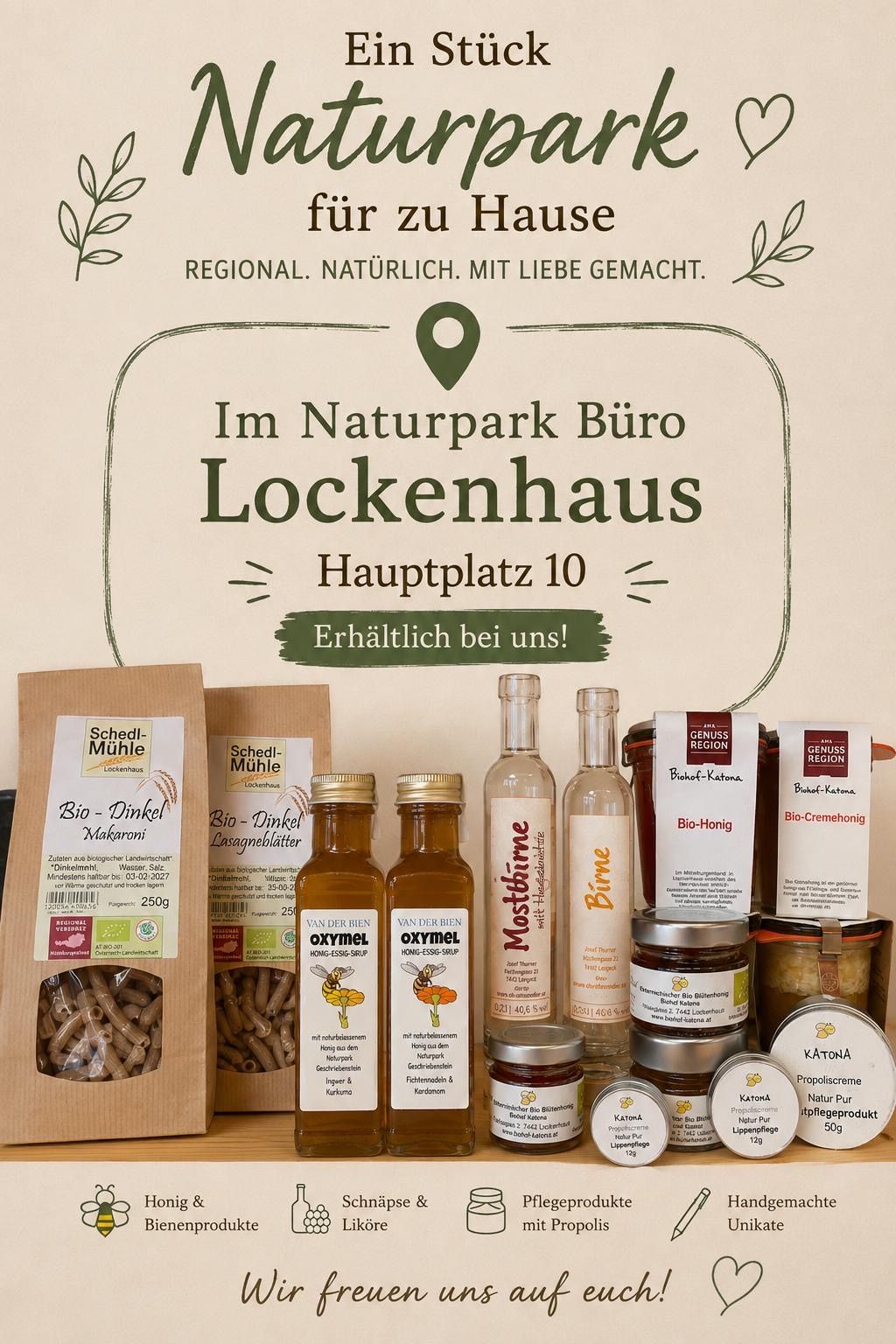An assortment of organic products from Naturpark Buro Lockenhaus, including pasta, honey, and jams, displayed on a white background.