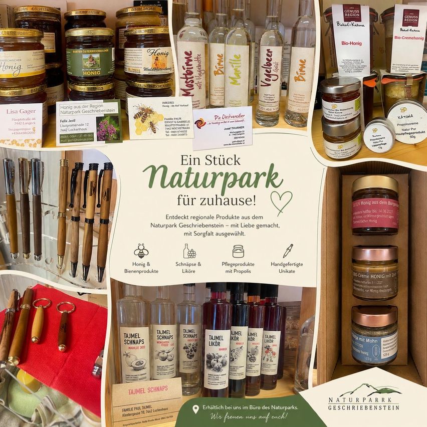 A collage of various products including honey jars, liquor bottles, pens, and other items, with a central message about a natural park. The products are neatly arranged on shelves and in containers.