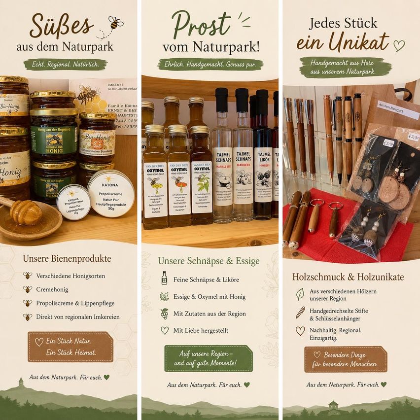 Three panels showcasing various products from a nature park, including honey, oils, and handcrafted wooden items, with a focus on regional and sustainable sourcing.