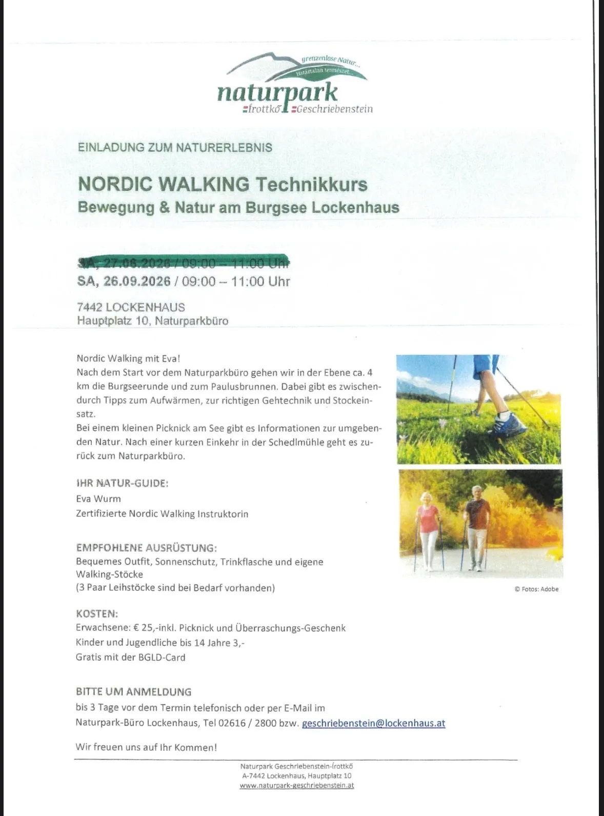 Ein Flyer für einen Nordic Walking Technikkurs am Burgsee Lockenhaus am 26. und 27. September 2026. Der Flyer enthält Details zum Kurs, zur Kursleiterin, empfohlener Ausrüstung und Kosten. Er zeigt auch Bilder von Menschen beim Nordic Walking.