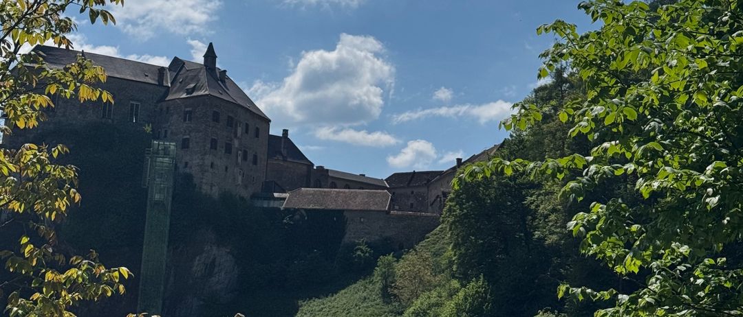 Eine große Burg mit einem Turm und einer Steinmauer steht auf einem Hügel unter einem blauen Himmel mit verstreuten Wolken.