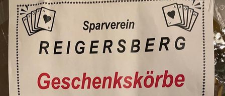 Ein Plakat für die Sparverein REIGERSBERG Veranstaltung. Es zeigt einen Geschenkkorb mit SCHNAPSEN und beinhaltet eine Damenbewertung. Geplant für Samstag, 27.12.2025, bei Buschenschank MAIER, Beginn: 15 Uhr.