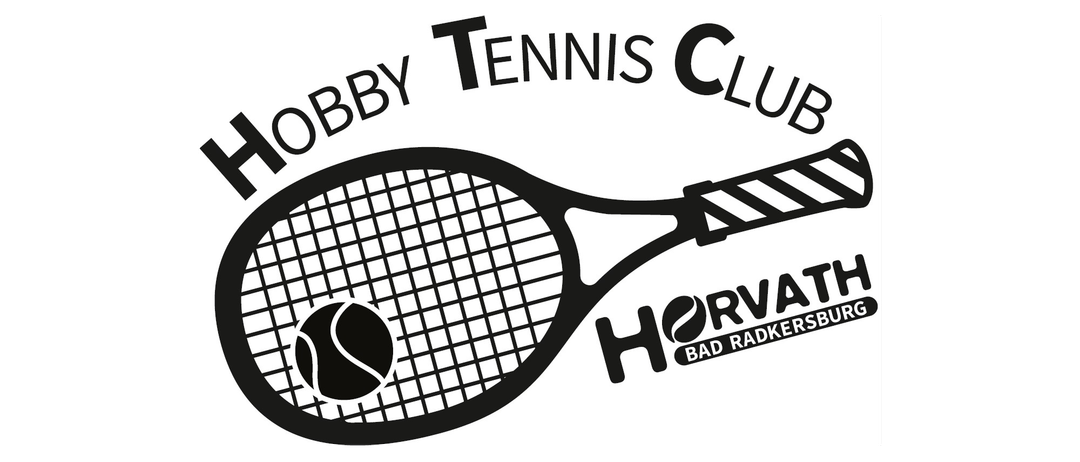 Das Logo des Hobby Tennis Clubs zeigt einen schwarzen Tennisschläger mit einem Tennisball auf den Saiten, vor weißem Hintergrund.
