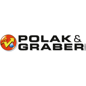 Logo für Polak & Graber, ein Unternehmen mit einem roten Flammen- und Wassertropfen-Symbol. Der Text ist schwarz.