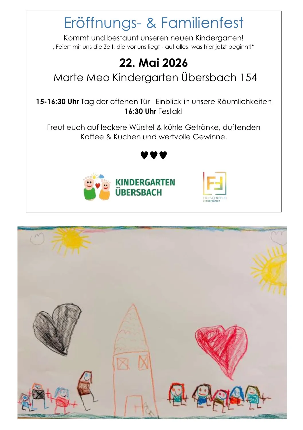 Plakat für Marthe Meo Kindergarten Uebersbach, 22. März 2022, Tag der offenen Tür von 15:00 bis 16:30 Uhr, mit Festakt um 16:30 Uhr. Zeichnung eines Hauses mit Herzen und einer Sonne.