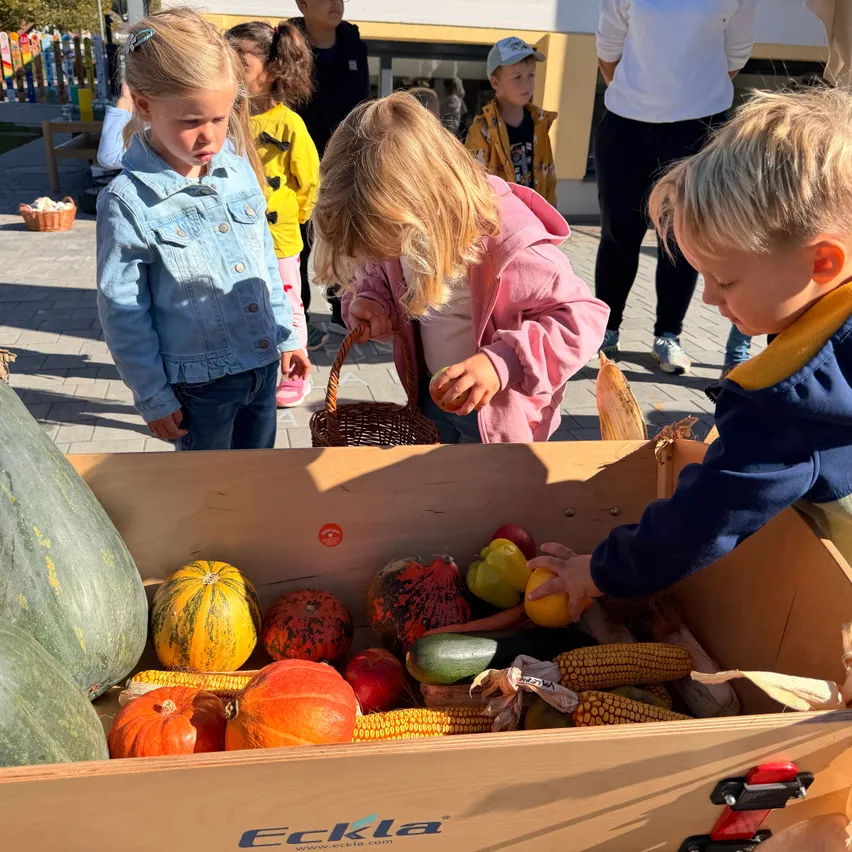 Kinder versammeln sich um einen Holzkasten voller verschiedener Gemüsesorten und Früchte, wobei ein Kind eine gelbe Paprika hält.