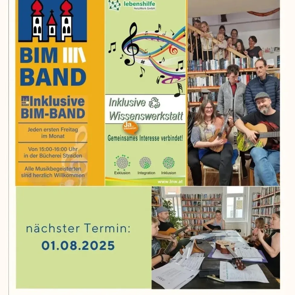 Das Plakat bewirbt ein Band-Treffen jeden ersten Freitag des Monats in einer Bibliothek mit Fokus auf Inklusivität. Das Datum des nächsten Treffens ist der 1. August 2025.