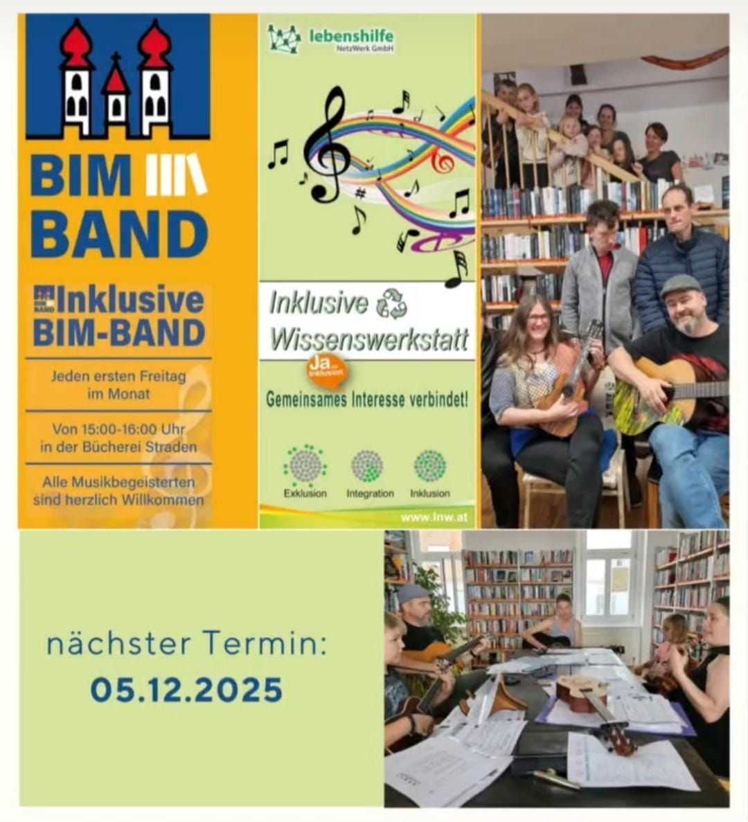 Plakat für eine inklusive Band-Veranstaltung. Zeigt verschiedene Musiknoten, Menschen, die Gitarre spielen, und eine Bibliotheksumgebung. Der Text lädt Musikbegeisterte jeden ersten Freitag im Monat ein. Die nächste Sitzung ist am 5. Dezember 2025.