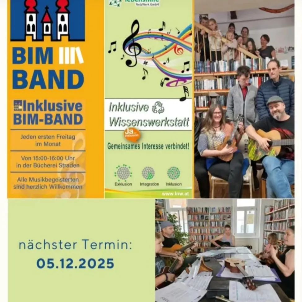 Plakat für eine inklusive Band-Veranstaltung. Zeigt verschiedene Musiknoten, Menschen, die Gitarre spielen, und eine Bibliotheksumgebung. Der Text lädt Musikbegeisterte jeden ersten Freitag im Monat ein. Die nächste Sitzung ist am 5. Dezember 2025.