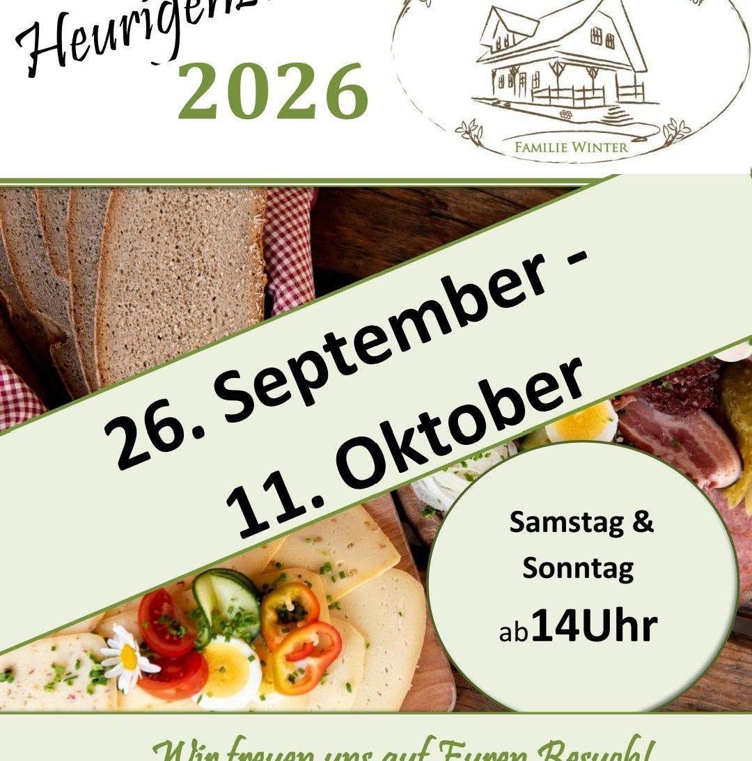 Ein Werbeplakat für Heuingen 2026 mit einem Hauslogo, Daten und Lebensmitteln wie Brot, Käse und Gemüse. Die Veranstaltung ist für den 26. September, den 11. Oktober und an Wochenenden um 14 Uhr geplant.