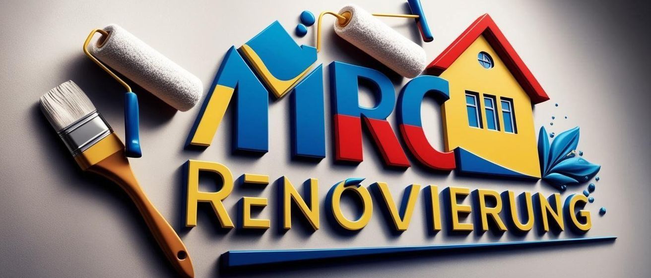 Ein 3D-Logo für Miroc Renovations, das ein Haus, Farbwalzen und Pinsel zeigt. Das Haus ist gelb mit rotem Rand und der Text ist in einer verspielten Schrift.