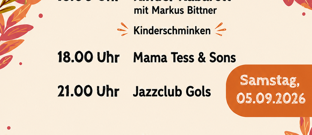 Plakat für die Herbstfest im Schlosshaus Veranstaltung, mit einem Zeitplan, der Kinderkabarett um 16:00, Mama Tess & Söhne um 18:00 und Jazzclub Gols um 21:00 am Samstag, 5. September 2026, ankündigt.