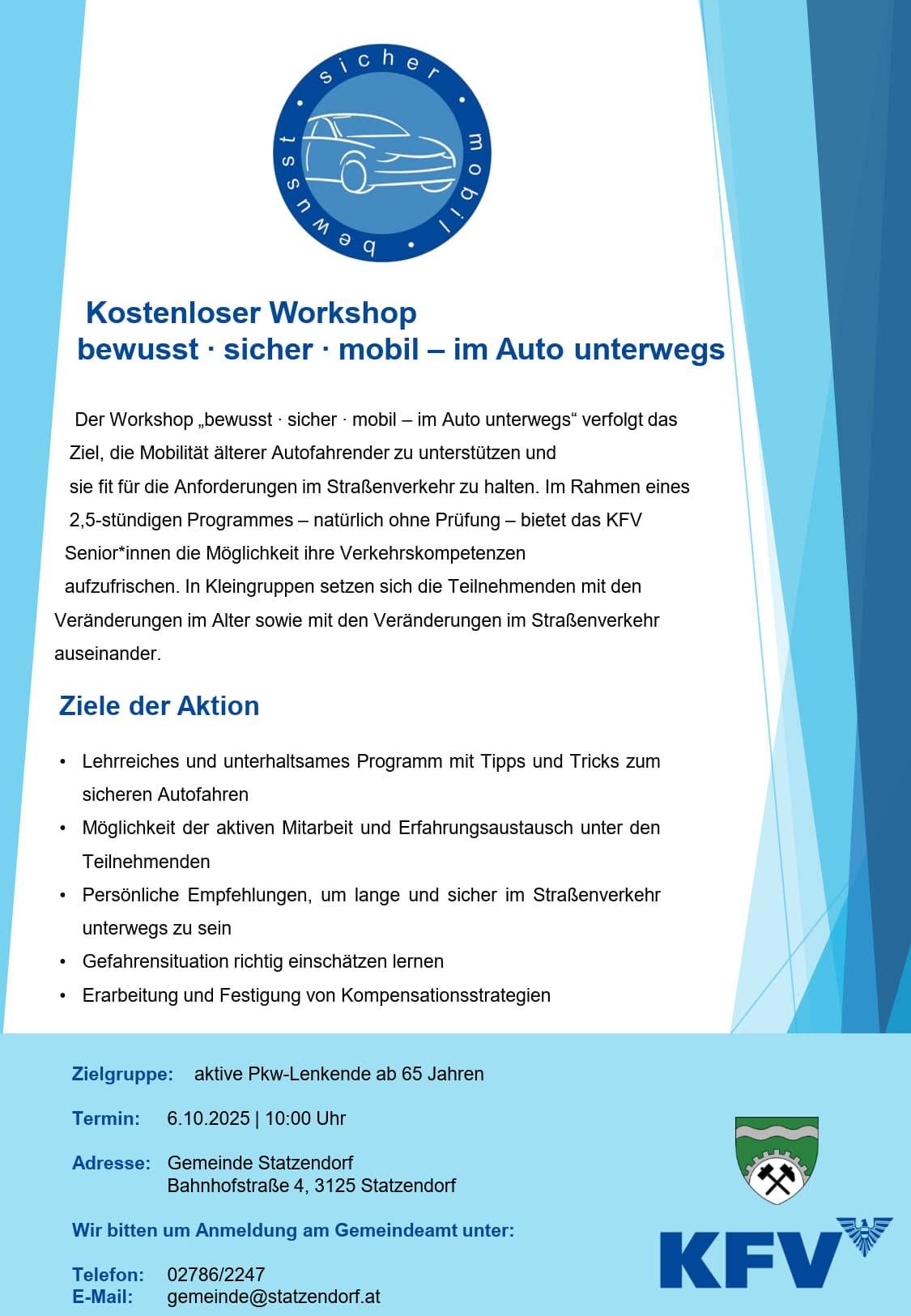 Der Workshop zielt darauf ab, die Mobilität älterer Autofahrer zu unterstützen und sie fit für den Straßenverkehr zu halten. Der KFV bietet Senioren ein 2,5-5-stündiges Programm, um ihre Fahrfähigkeiten aufzufrischen, ohne eine Prüfung. Die Teilnehmer diskutieren altersbedingte Veränderungen und Anpassungen im Straßenverkehr.