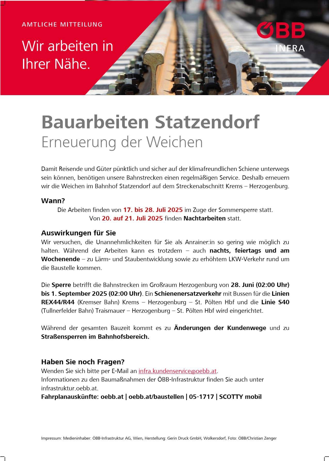 Das Dokument kündigt Bauarbeiten am Bahnhof Statzendorf für die Gleiserneuerung an. Die Arbeiten finden vom 17. bis 28. Juli 2025 statt, mit Nachtarbeiten am 20. und 21. Juli. Die Sperrung betrifft den Zugverkehr im Herzogenburger Bereich.