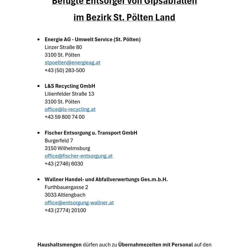 Das Bild listet Unternehmen auf, die Abfälle, insbesondere Gipsabfälle, im Bezirk St. Pölten Land sammeln. Es enthält Energie AG, L&S Recycling GmbH, Fischer Entsorgung u. Transport GmbH und Wallner Handel- und Abfallverwertungs Ges.m.b.H. Jeder Eintrag bietet die Adresse, E-Mail und Telefonnummer des Unternehmens.
