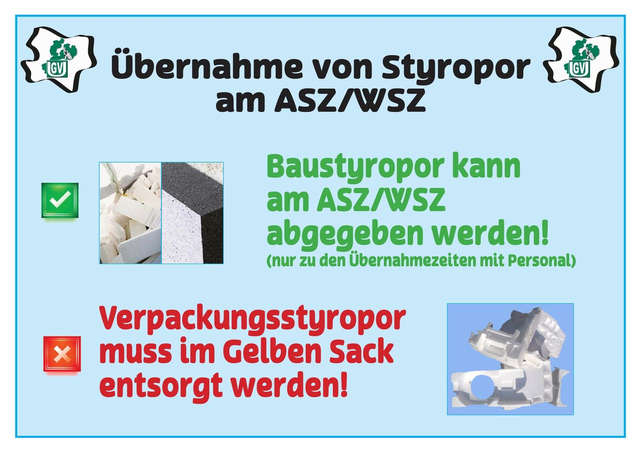 Blaues Plakat mit Text über die Annahme von Styropor am ASZ/WSZ. Es wird erwähnt, dass Baustyropor während der Annahmezeiten mit persönlicher Anwesenheit am ASZ/WSZ abgegeben werden kann. Verpackungsstyropor muss im gelben Sack entsorgt werden.