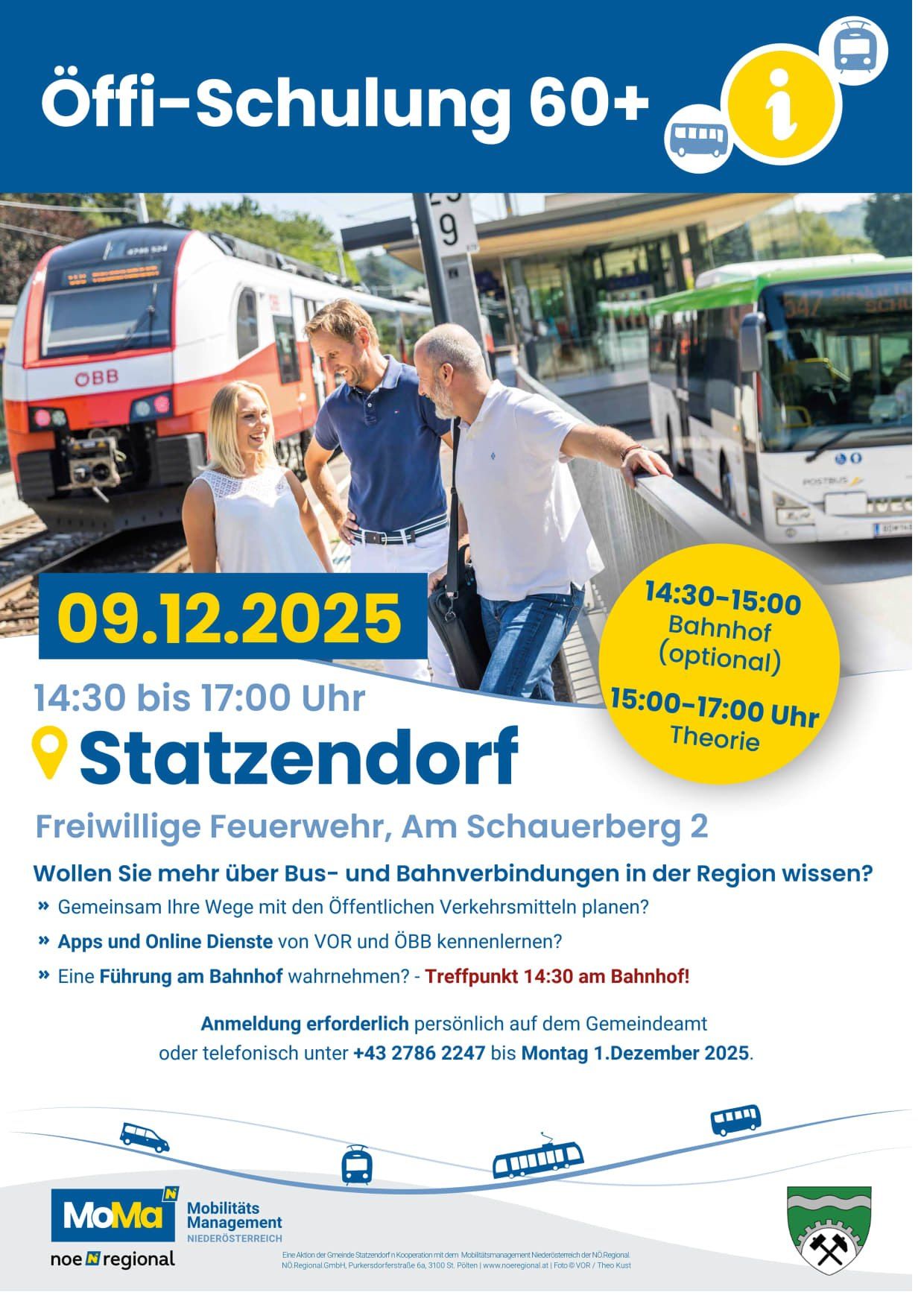 Plakat für eine Bus- und Bahninformationsveranstaltung in Statzendorf am 09.12.2025. Zeigt einen Zug und einen Bus auf Gleisen mit Menschen am Bahnhof. Veranstaltungszeiten sind 14:30-15:00 und 15:00-17:00. Es fragt, ob Sie mehr über Bus- und Bahnverbindungen in der Region erfahren möchten.
