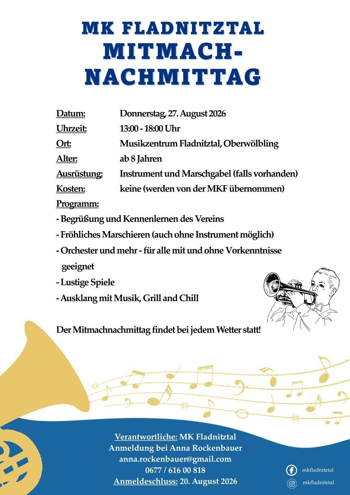 Plakat für eine Kindermusikveranstaltung am 27. August 2026 von 13:00 bis 18:00 Uhr im Musikzentrum Fladnitztal. Aktivitäten umfassen Instrumenten- und Marschübungen, Orchesterteilnahme, Spiele und Grillen. Keine Kosten.