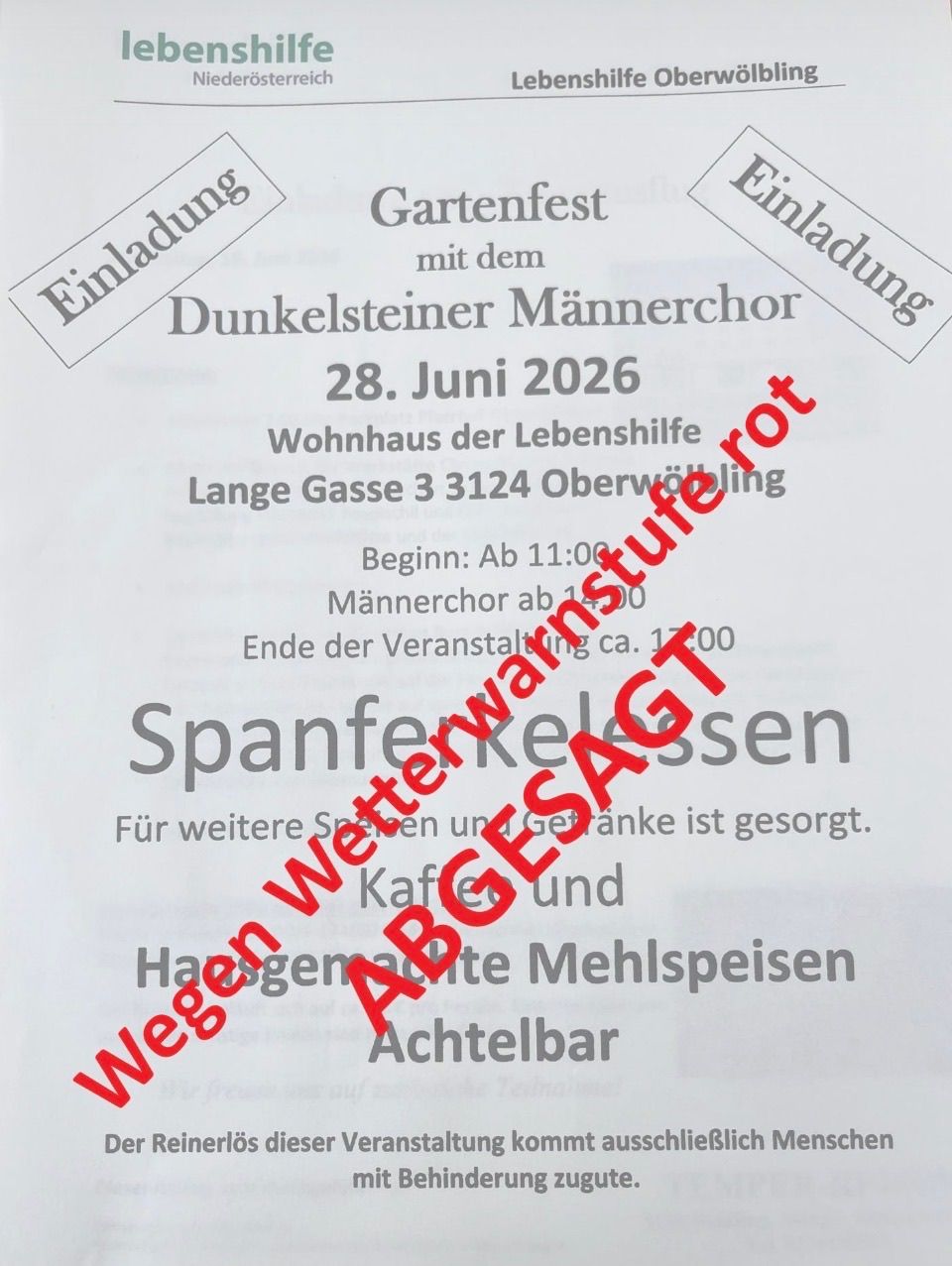 Einladung zum Gartenfest mit dem Dunkelsteiner Männerchor am 28. Juni 2026 im Wohnhaus der Lebenshilfe, Lange Gasse 3124, Oberwolfling. Beginn um 11:00 Uhr, mit Imbiss und Getränken.