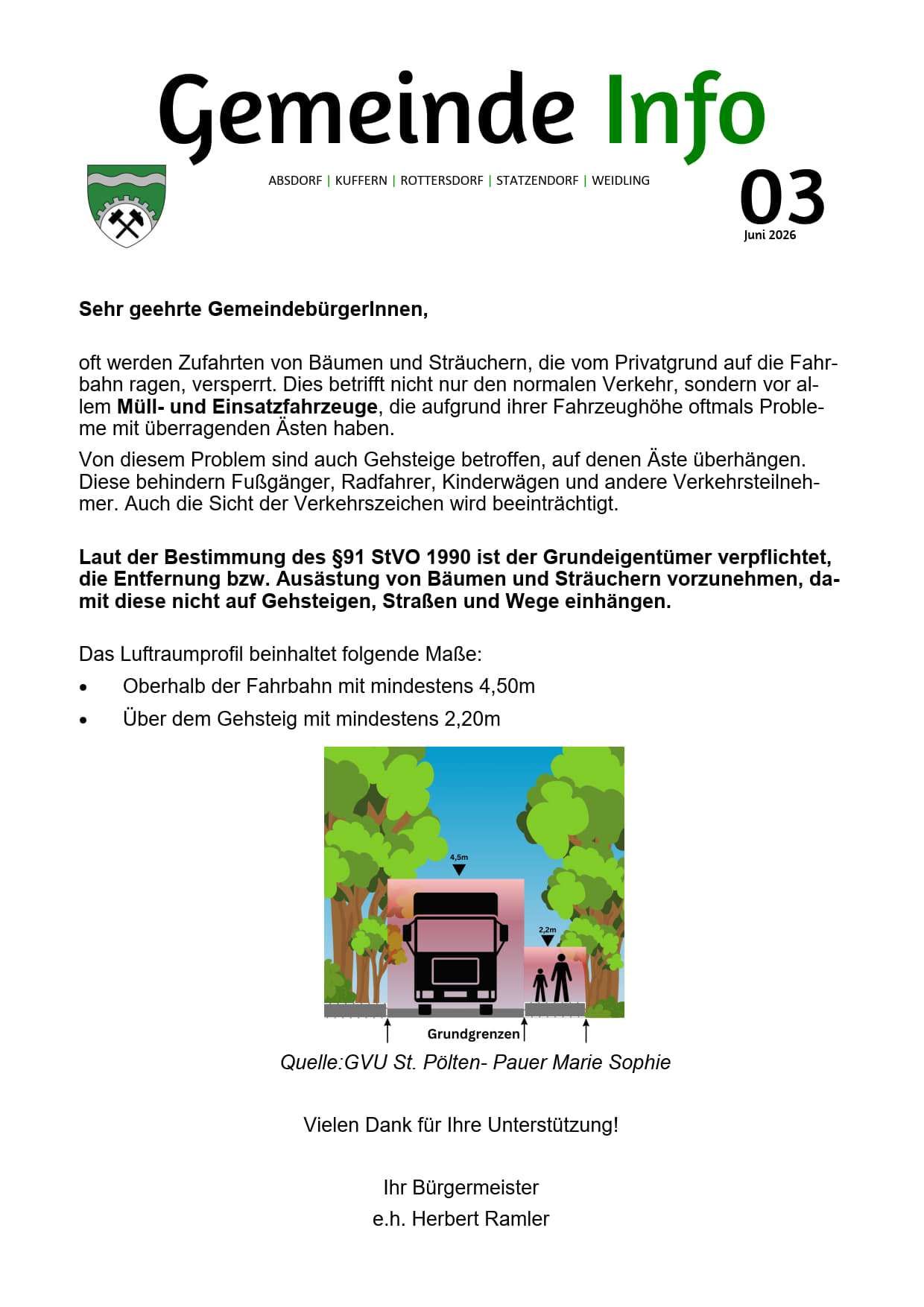 Das Dokument informiert über häufiges Baum- und Strauchwachstum, das die Straße behindert, nicht nur den normalen Verkehr, sondern auch Müll- und Einsatzfahrzeuge. Die Entfernung dieser Hindernisse ist gesetzlich vorgeschrieben. Das Luftprofil beinhaltet Mindesthöhen über der Straße und über dem Zaun.