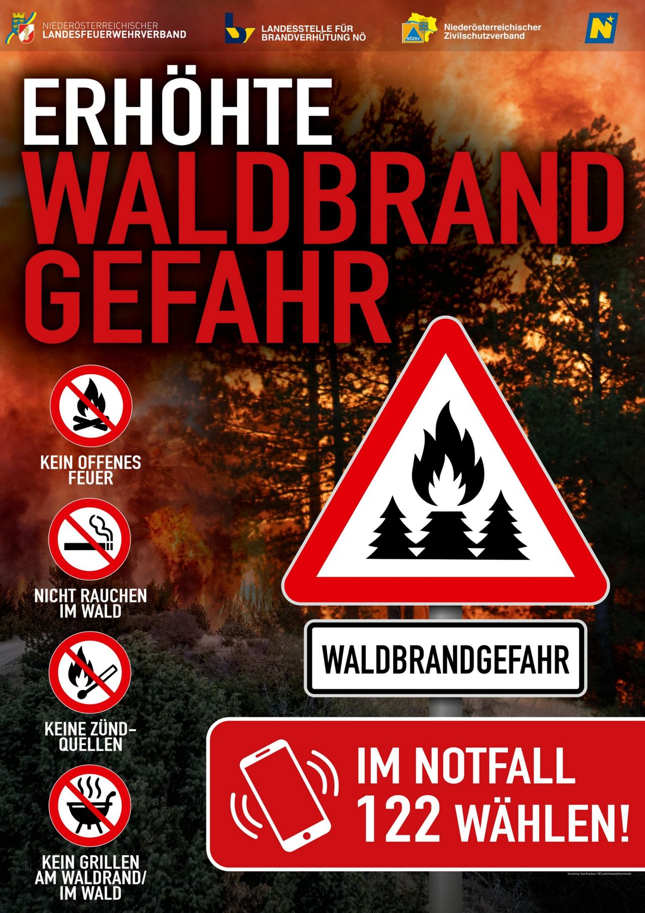 Ein Plakat mit einem Waldbrandwarnzeichen. Es zeigt kein offenes Feuer, kein Rauchen und keine Zündquellen. Der Hintergrund ist ein rauchiger Wald.