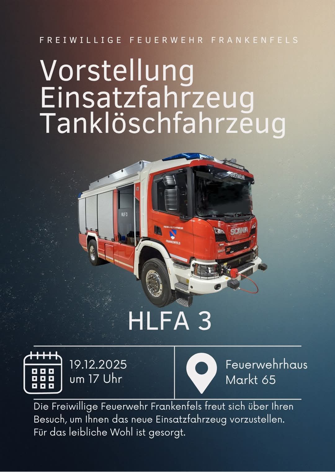 Das Bild zeigt eine Veranstaltungsankündigung zur Vorstellung eines Feuerwehrfahrzeugs am 19. Dezember 2025 um 17 Uhr am Feuerwehrhaus am Markt 65.