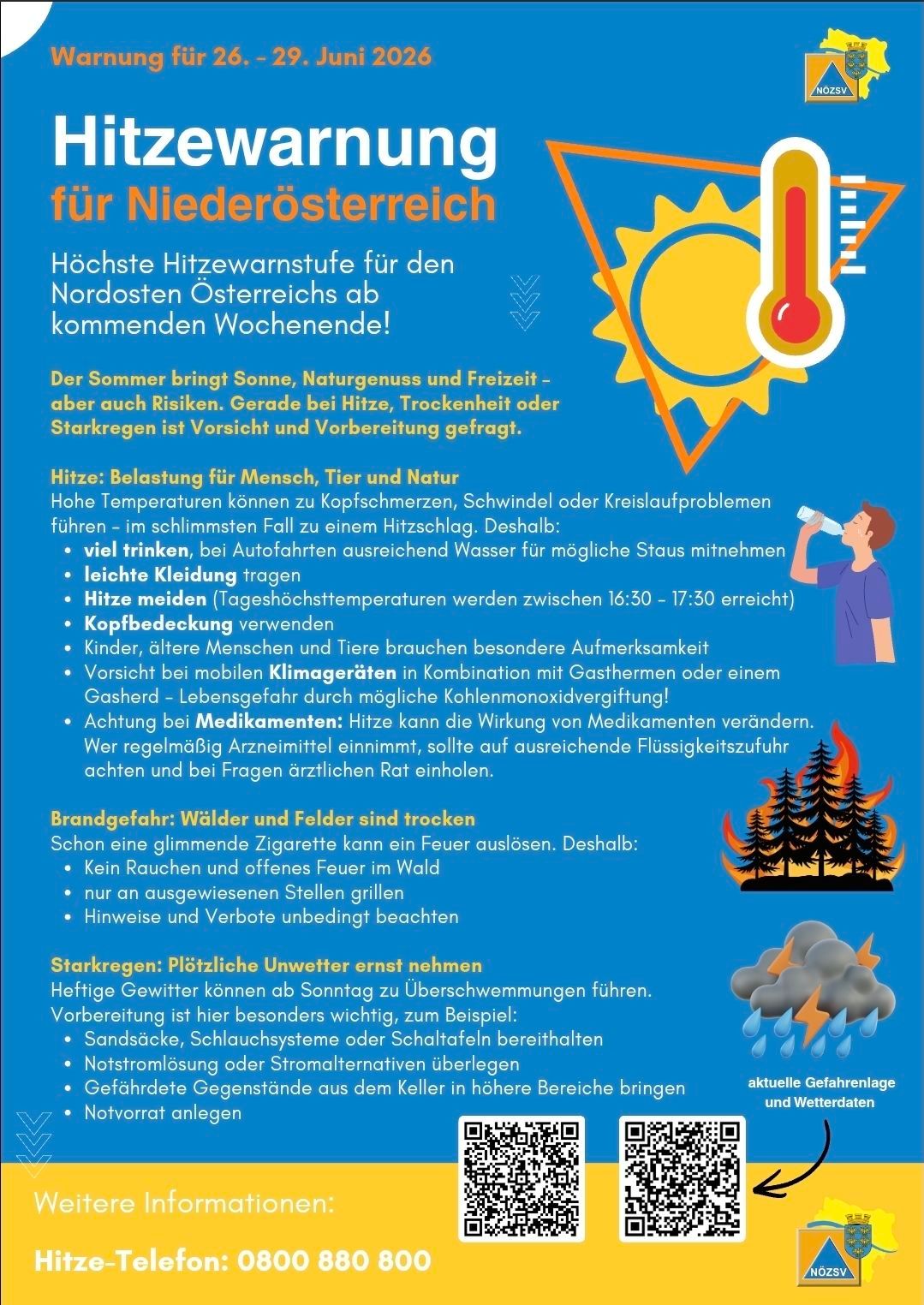 Hitzewarnung für den Nordosten Österreichs. Der Sommer bringt Sonne, Naturgenuss und Freiheit - aber auch Risiken. Bei Hitze, Trockenheit oder starkem Regen ist Vorsicht geboten. Oft trinken, leichte Kleidung tragen, Spitzentemperaturen vermeiden, Kinder und Tiere schützen. Vorsicht bei mobilen Klimageräten, Gefahr durch Kohlenmonoxidvergiftung! Hitze kann die Wirkung von Medikamenten verändern. Auf ausreichende Flüssigkeitszufuhr achten und bei Fragen einen Arzt konsultieren.