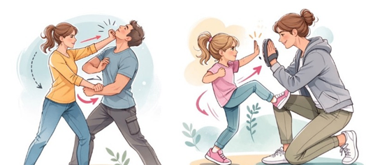 Illustration einer Frau, die einem Mann und einem Mädchen Selbstverteidigungstechniken beibringt, mit Pfeilen, die die Richtung der Tritte anzeigen.