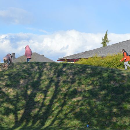 Vier Personen auf einem grasbewachsenen Hügel, einer bücken sich, einer geht und zwei stehen. Hinter ihnen befindet sich ein Gebäude mit rotem Rand.