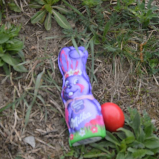 Eine lila Osterhasenfigur und ein rotes Osterei liegen auf dem Boden. Der Hase hat rosa und grüne Details und das Ei ist rund und rot.
