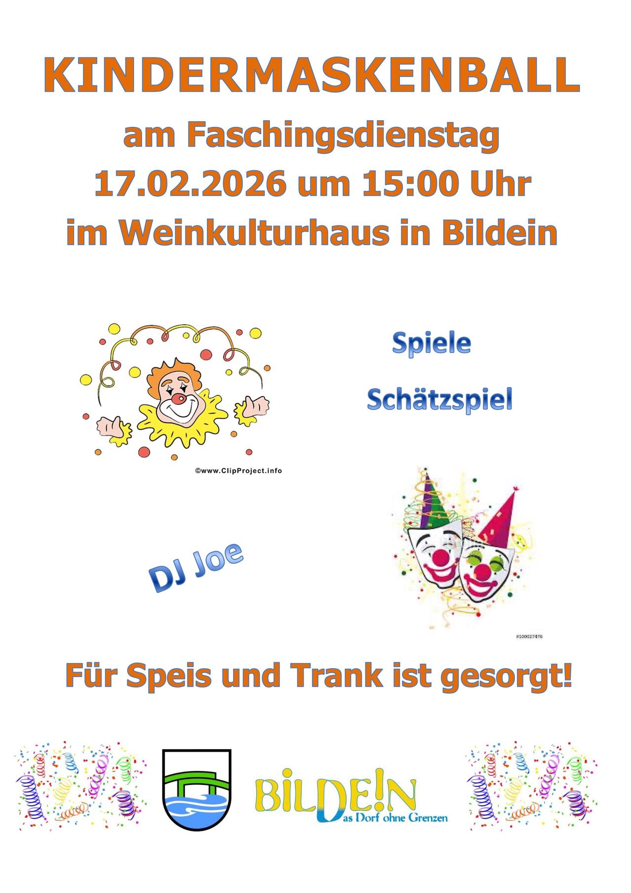 Plakat für eine Veranstaltung am 17.02.2026 um 15:00 im Weinkulturhaus Bildein. Mit DJ Joe, Spielen und Schatzsuche. Essen und Getränke sind vorhanden.