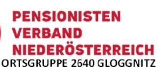 Der Pensionistenverband Niederösterreich, Ortsgruppe 2640 Gloggnitz. Das Logo zeigt einen roten Kreis mit einem weißen Buchstaben P darin.