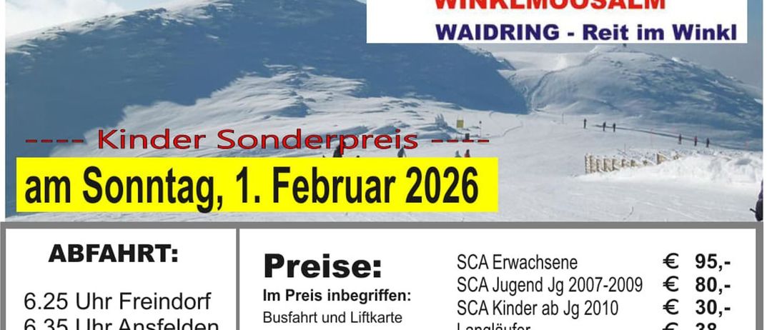 Plakat für das Steinplatten-Wintersport-Event am 1. Februar 2026 mit schneebedeckten Bergen. Preise für verschiedene Altersgruppen aufgeführt. Anmeldeschluss ist der 26. Januar.