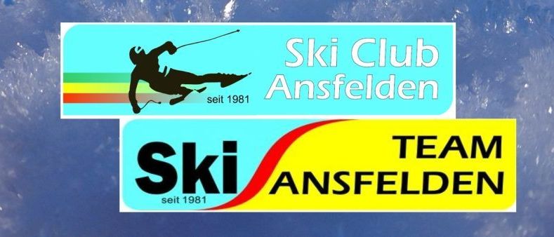 Zwei Aufkleber für den Ski Club Ansfelden, gegründet 1981. Der erste ist blau mit einem Skifahrer und der zweite ist gelb mit dem Text 'TEAM'.